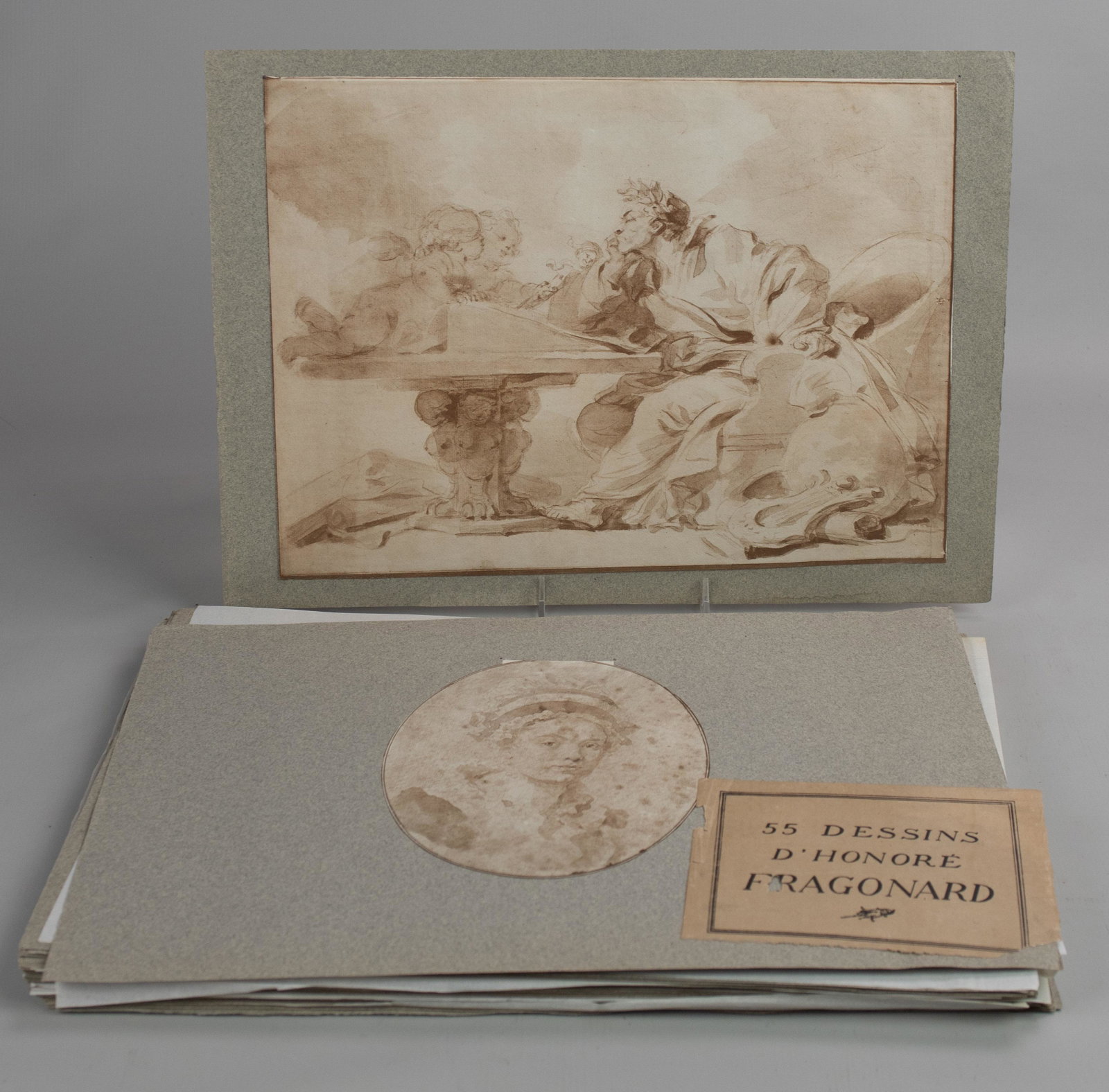 (55) Dessins D'Honore Fragonard Portfolio Set: (55) Dessins D'Honore Fragonard portfolio set, contains 41 of the original 55 facsimile prints mounted on paper, each sheet 12-3/8" x 17-3/8", no folio included, good condition