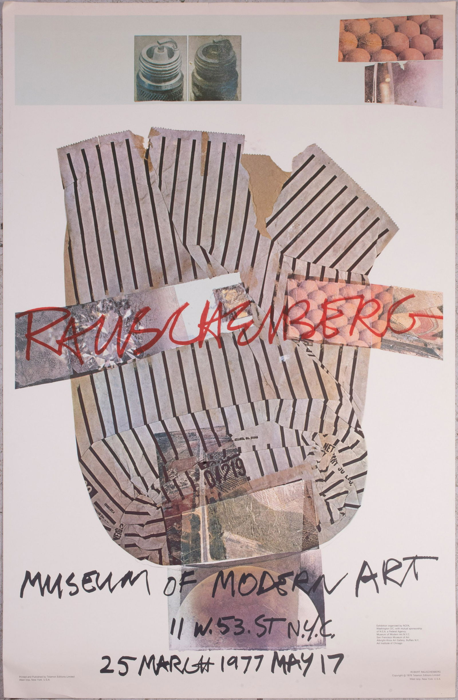 Robert Rauschenberg Poster MOMA 1977: Robert Rauschenberg (American, 1925-2008) Poster MOMA 1977 for Museum of Modern Art, NY, 1977, offset lithograph on heavy paper, copyright 1976 Telamon Editions Limited, 45-5/8" x 29-5/8", good condit