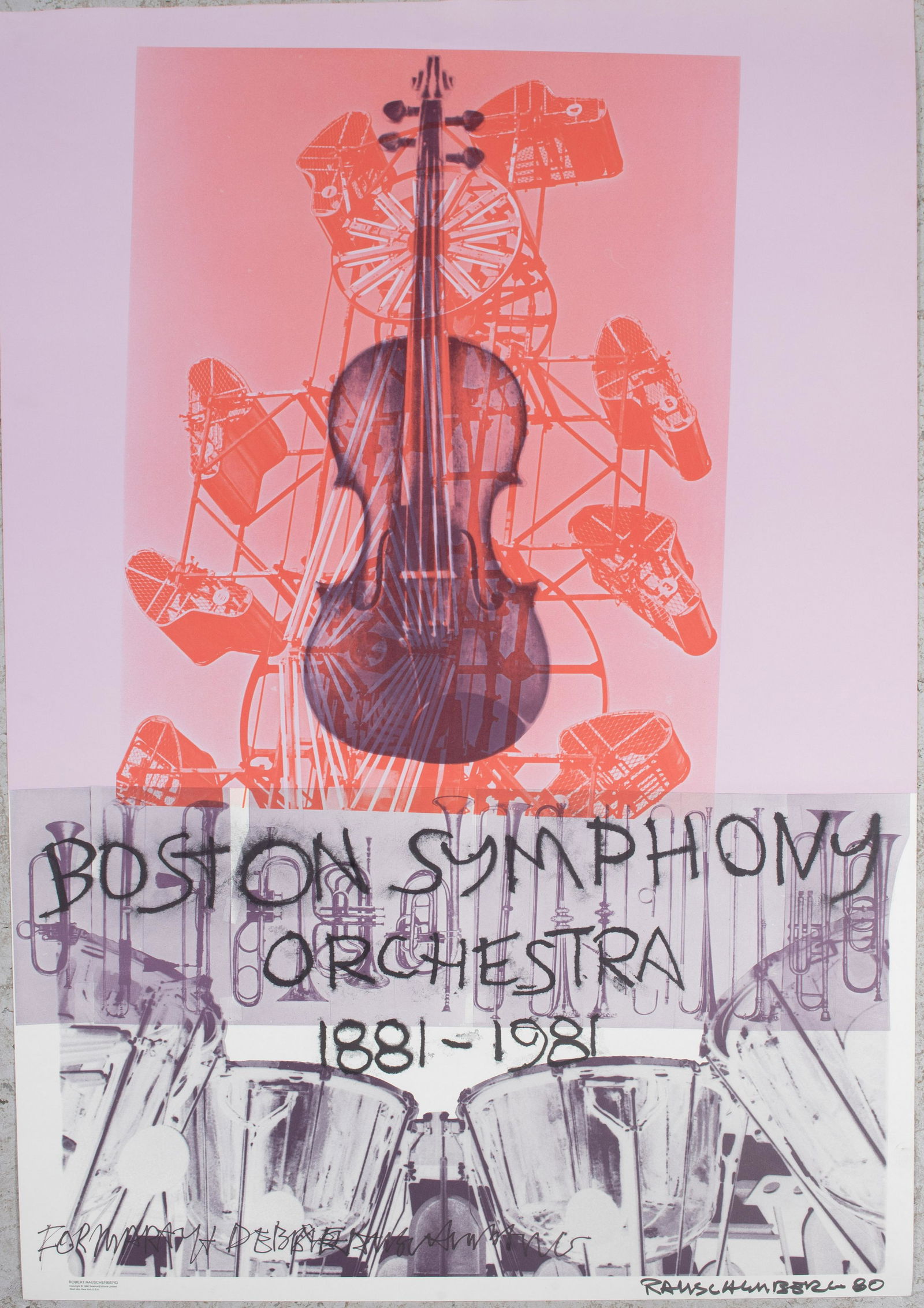 Robert Rauschenberg Poster "Boston Symphony": Robert Rauschenberg (American, 1925-2008) Poster "Boston Symphony Orchestra 1881-1981", offset lithograph on heavy stock paper, signed in marker "Rauschenberg 80", illegibly inscribed with dedication
