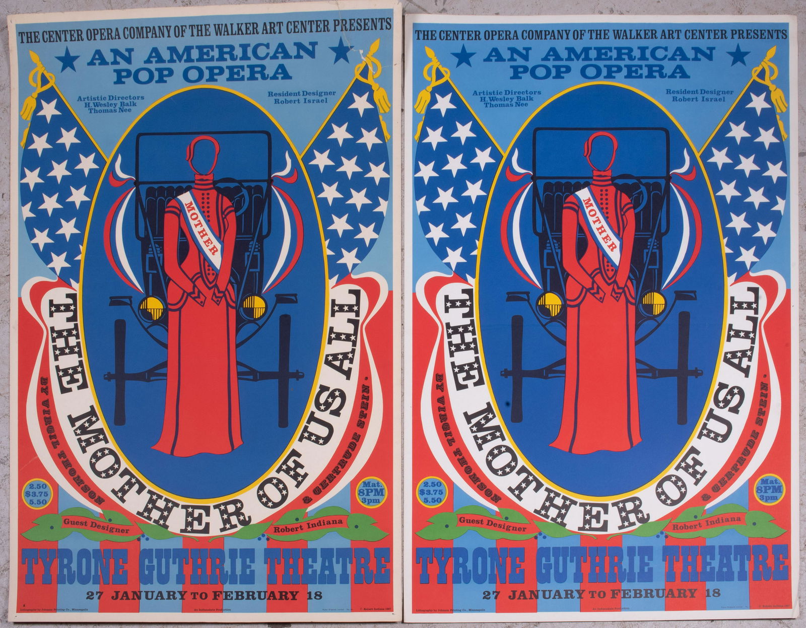 Robert Indiana (2) Opera Posters "Mother of Us All": Robert Indiana (American, 1928-2018), (2) opera posters "Mother of Us All", for Tyrone Guthrie Theatre 1967, Poster Originals Limited No. 49, copyright Robert Indiana 1967, 37" x 24", one in good cond