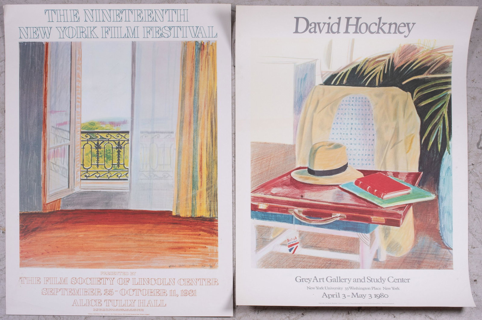 David Hockney (2) Posters: David Hockney (British-American, b. 1937), (2) posters, offset lithograph on heavy paper, Grey Art Gallery 1980, 37-3/4" x 27", good condition with one creased corner; Film Society of Lincoln Center, 