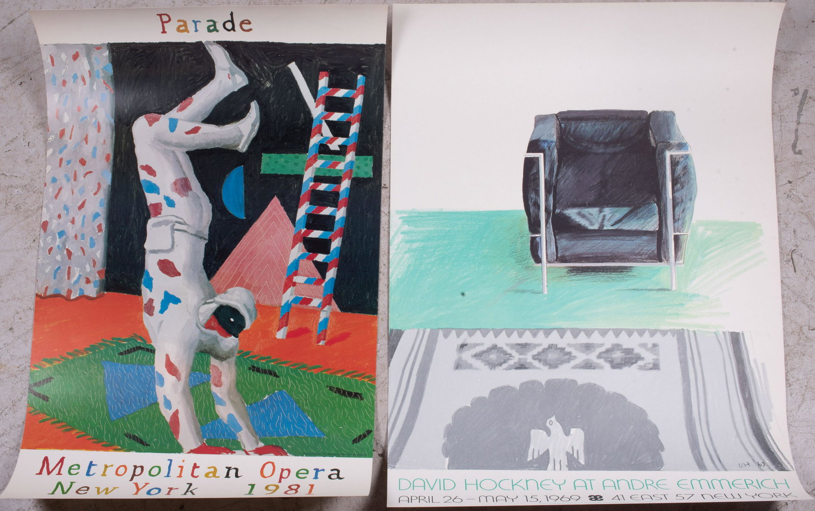 David Hockney (2) Posters: David Hockney (British-American, b. 1937), (2) posters, offset lithograph on heavy paper, Parade Metropolitan Opera New York 1981, 38" x 23-3/4", good condition; David Hockney at Andre Emmerich, 1969,