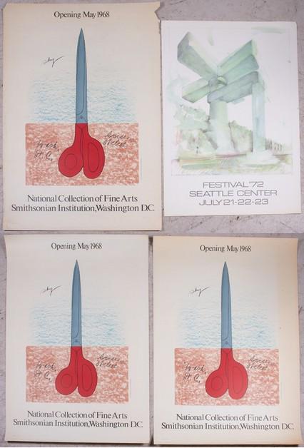 Claes Oldenburg (4) Posters: Claes Oldenburg (American, b. 1929), (4) posters, (3) "Scissors Obelisk Monument", for Smithsonian Institution, Washington, DC, lithograph in colors, published 1968 HKL Ltd., 42-3/4" x 28", (2) in goo
