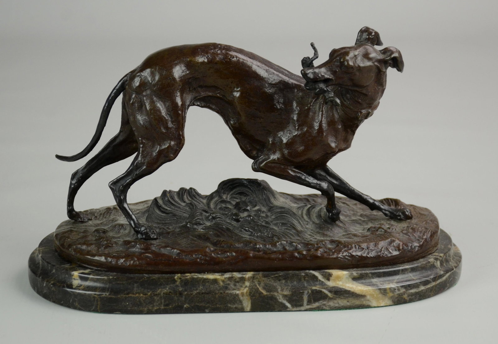 After P.J Mene Bronze Whippet: After Pierre Jules Mene, French, 1810-1879, bronze sculpture, Whippet, 11" l x 5" D x 7" H