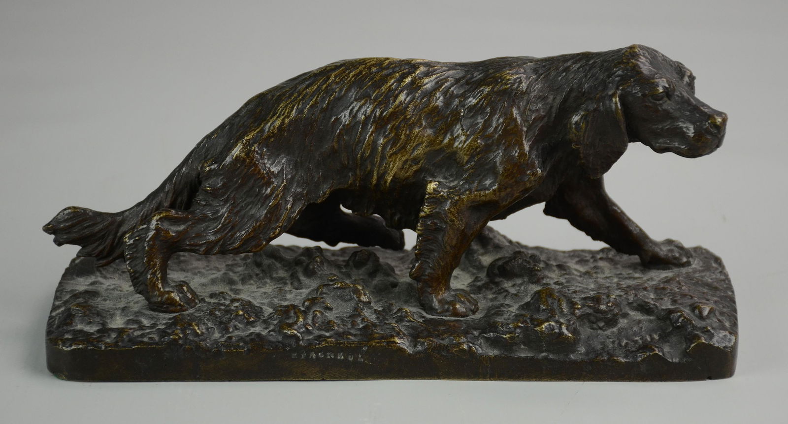 Christophe Fratin Bronze Dog Sculpture: Christophe Fratin, French (1801-1864) bronze dog sculpture 19th c., signed 'Fratin' with illegible foundry stamp. Original patina with gentle wear, 4-1/2"x9-1/2"x3-5/8"