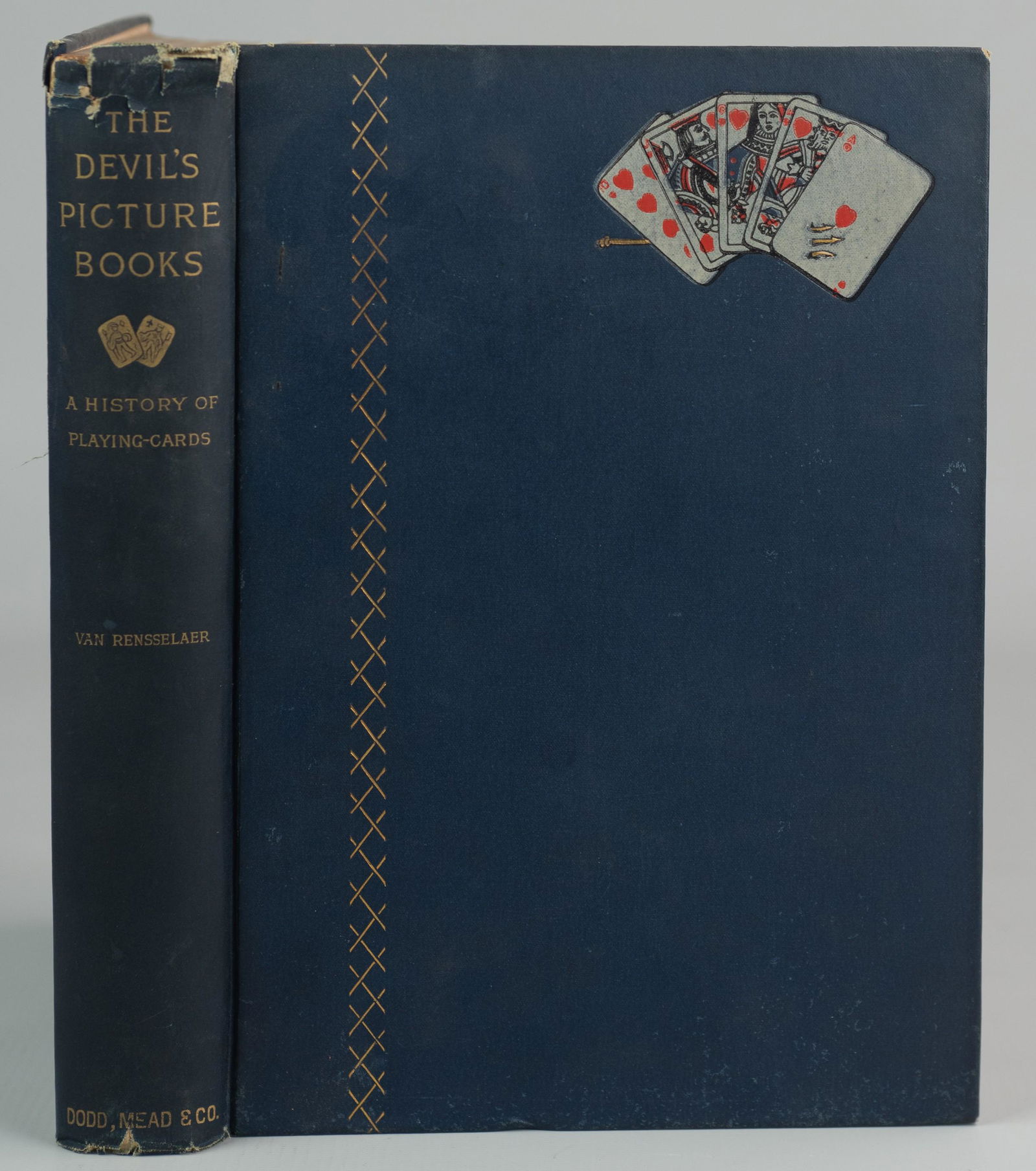 Van Rensselaer "The Devil's Picture Books" 1890: Mrs. John King Van Rensselaer "The Devil's Picture-Books, A History of Playing Cards" (Dodd Mead, New York 1890); original decorative cloth boards with gilt details and a royal flush with a trident pi