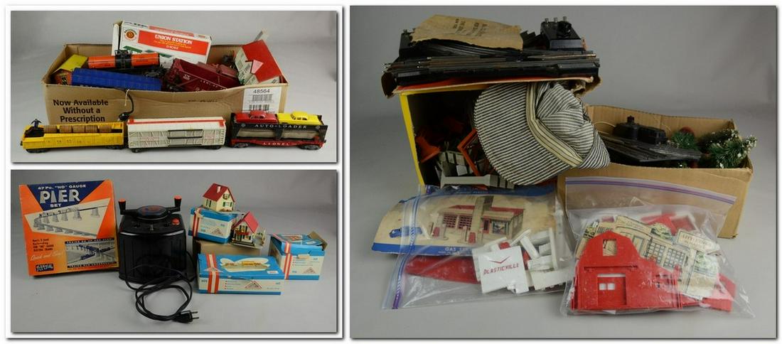 Large Lot of O & HO Trains: Large lot of O & HO trains, including 12 cars (Lionel Lines 2432, 3927, 6376, 6414, 6560, GRCX 6315, AT&SF 356250, BAR 3494275, LV 643625, Pennsylvania 53417, Rio Grande 53), Bachmann Plasticville Uni