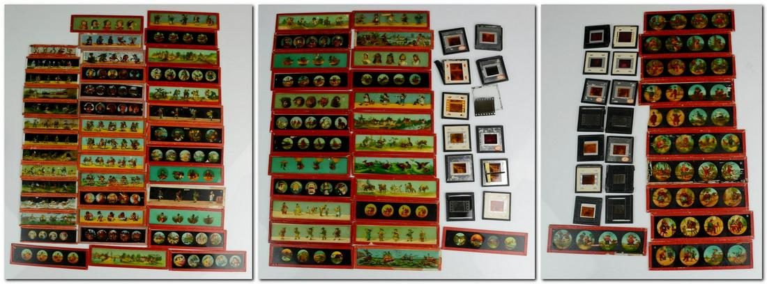 Large lot of Magic Lantern Comic Slides: Large lot of Magic Lantern comic slides, c/o (25) 1-3/16" x 4-5/16" (one broken), (40) 1-9/16" x 5-7/8", (11) 2" x 7" (one broken), and (25) filmstrip slides & negatives