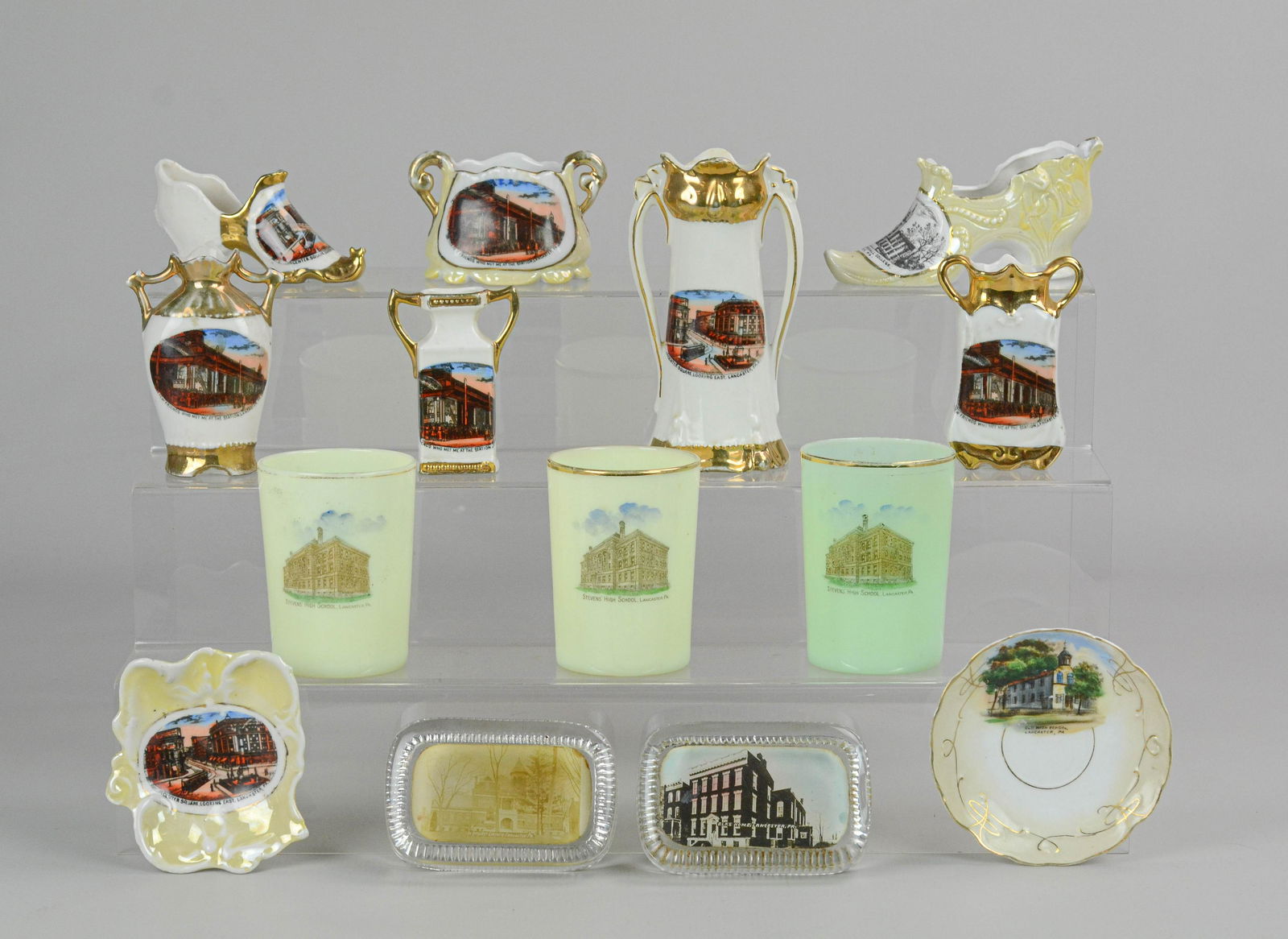 Lancaster PA Souvenir Pieces: Lancaster PA souvenir pieces c/o (2) glass paperweights, Elks Home Lancaster PA and De Peyster Library, (4) German made miniature souvenir vases with Lancaster train station, "A few friends who met me