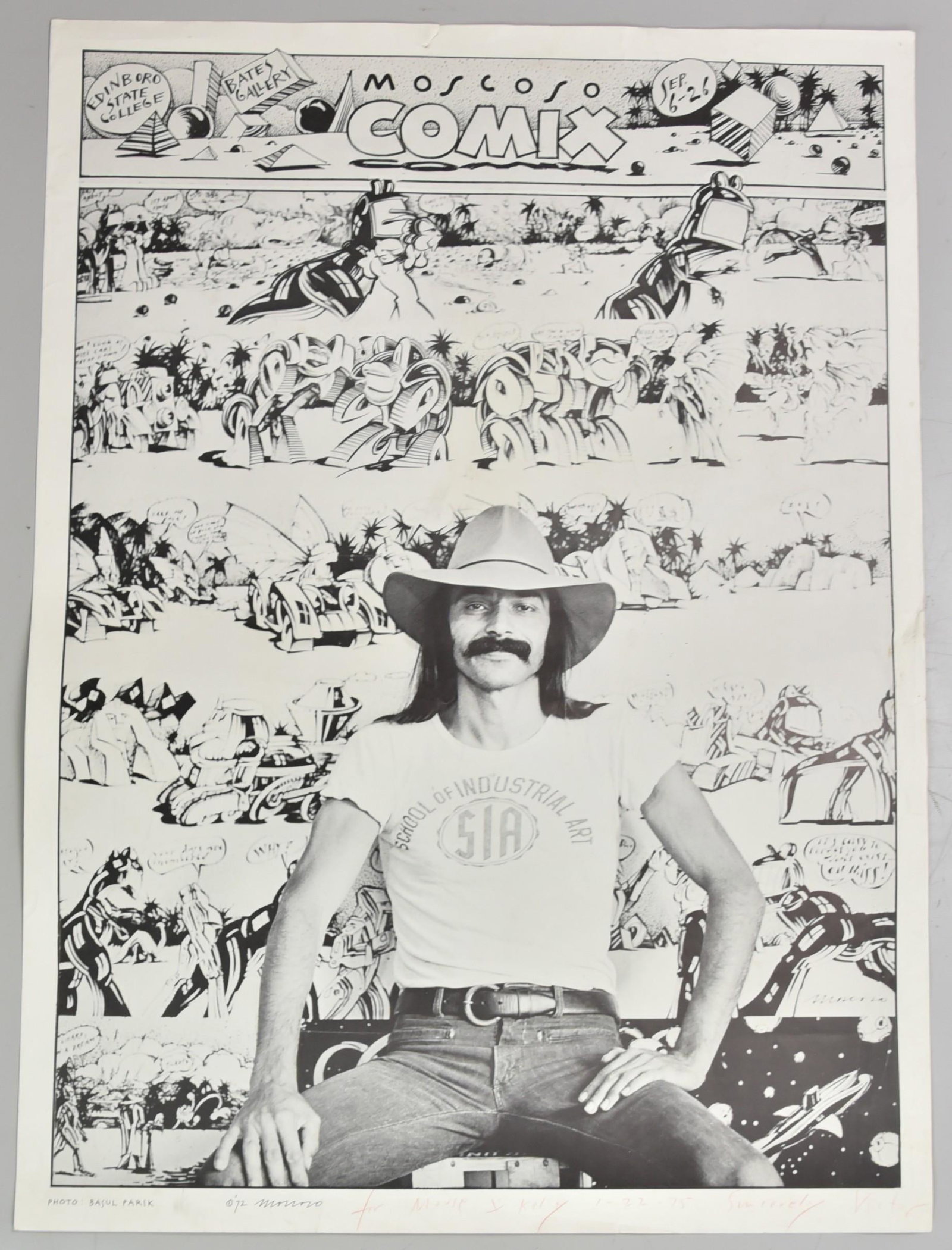 1972 Single Sheet Moscoso Comics Signed: 1972 Single Sheet Moscoso Comics Signed as Gift to Mouse and Kelly, Sincerely Victor Moscoso (29" l x 21" w), The item(s) contained in this lot represents a portion of the collection of Larry Grief, f