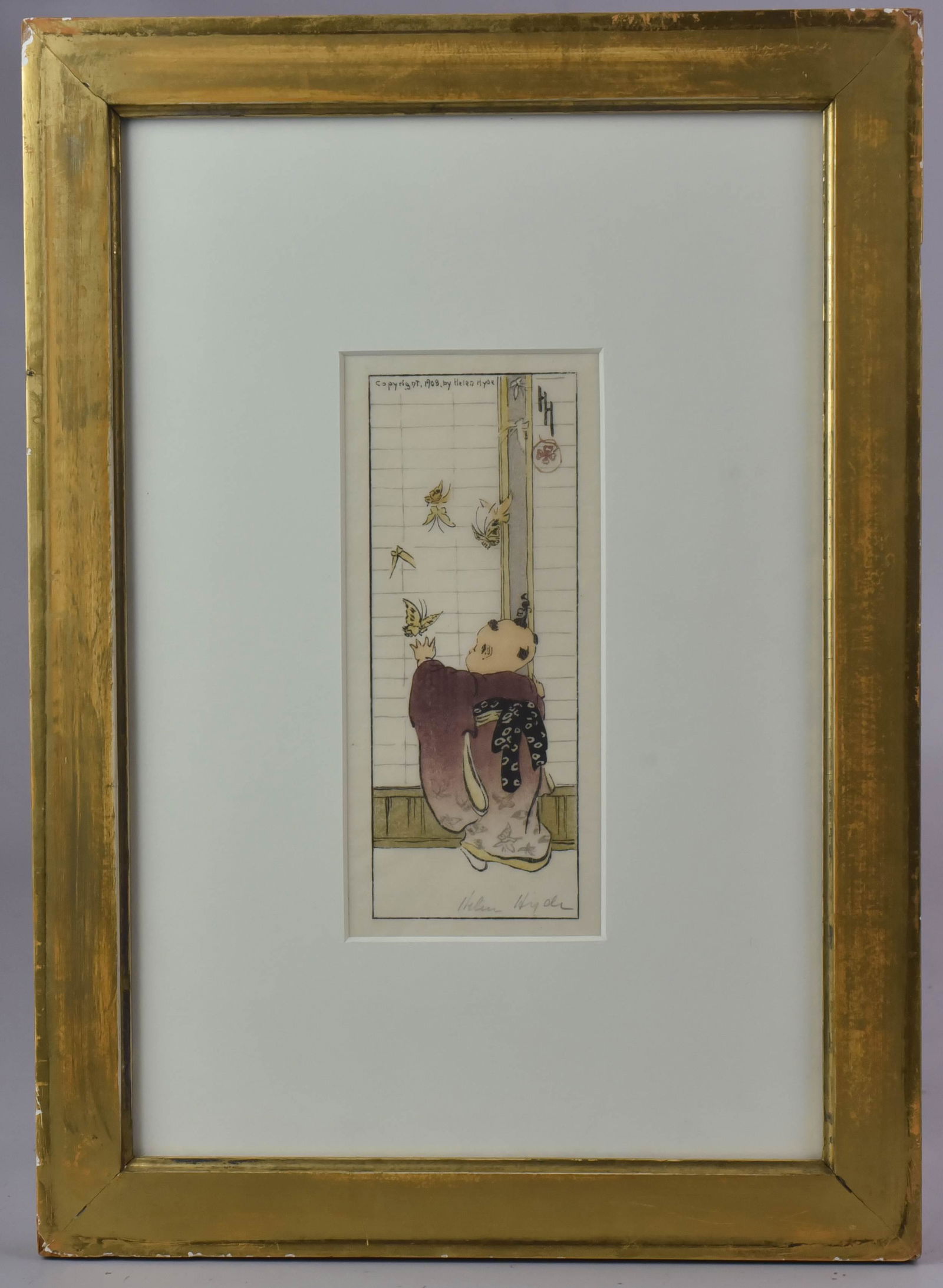 Helen Hyde (American, 1868-1919) Japanese woodblock: Helen Hyde (American, 1868-1919) Japanese woodblock print "Butterflies", 1908, pencil signed, 7" x 2-5/8" image, framed 15-7/8" x 11-3/8", good condition, hat not inspected out of frame