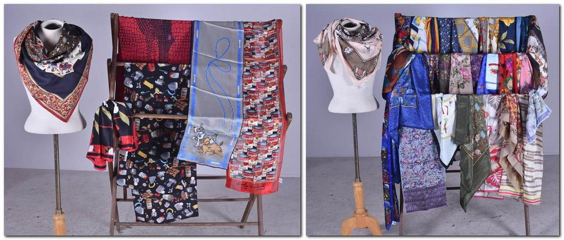(20)+ Designer Silk Scarf Grouping: (20)+ Designer silk scarf grouping c/o Lulu Guinness, Andy Warhol, Bill Blass, Valentino, Oscar De La Renta, Halston and unmarked silk scarves.