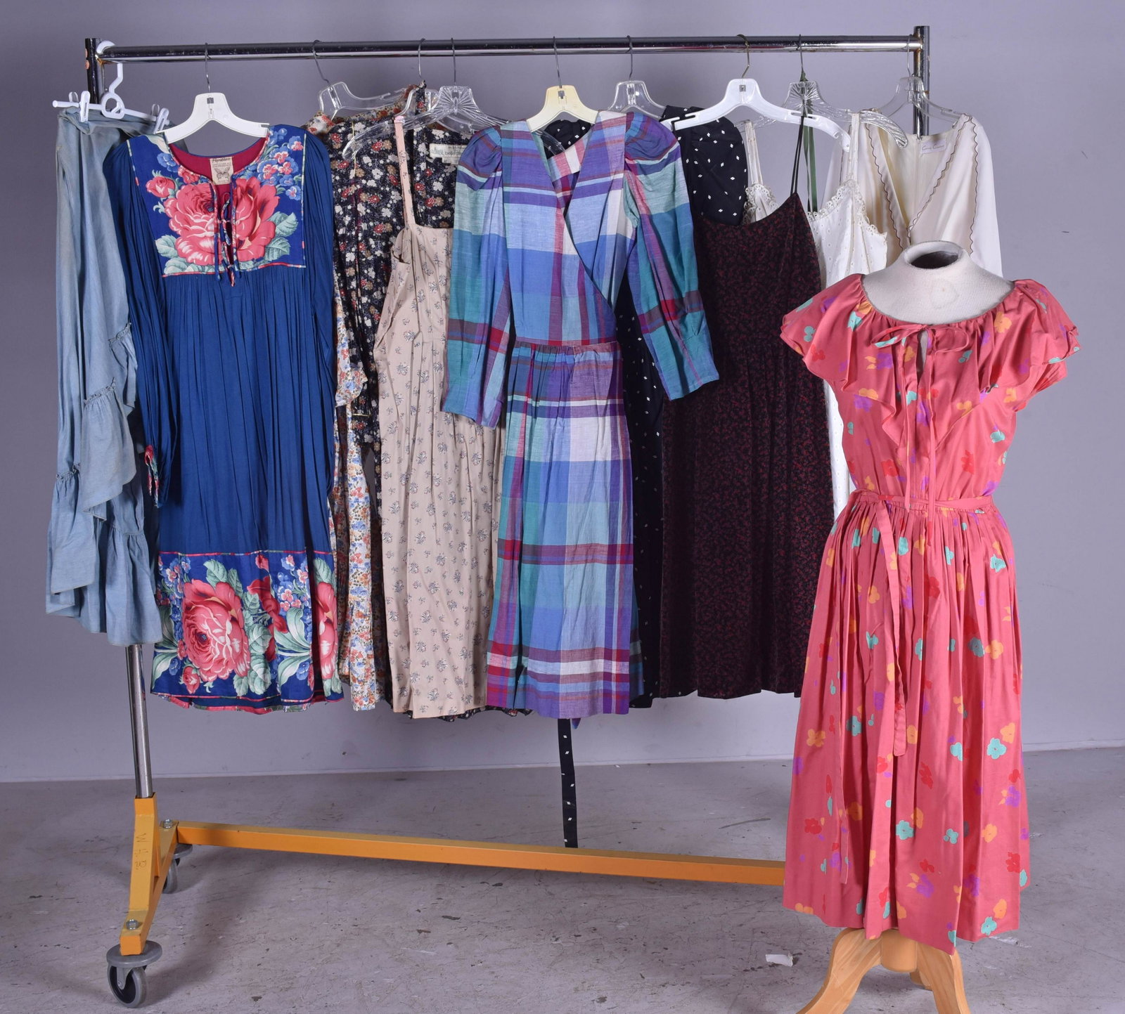 Vintage Prairie and Cotton Dress Grouping: Vintage Prairie and cotton dress grouping c/o tiered ruffled light chambray wrap skirt, Papillon floral bodice 70's shift with bishops sleeves, M, soft ditsy floral cotton skirt and blouse set, M, Jan