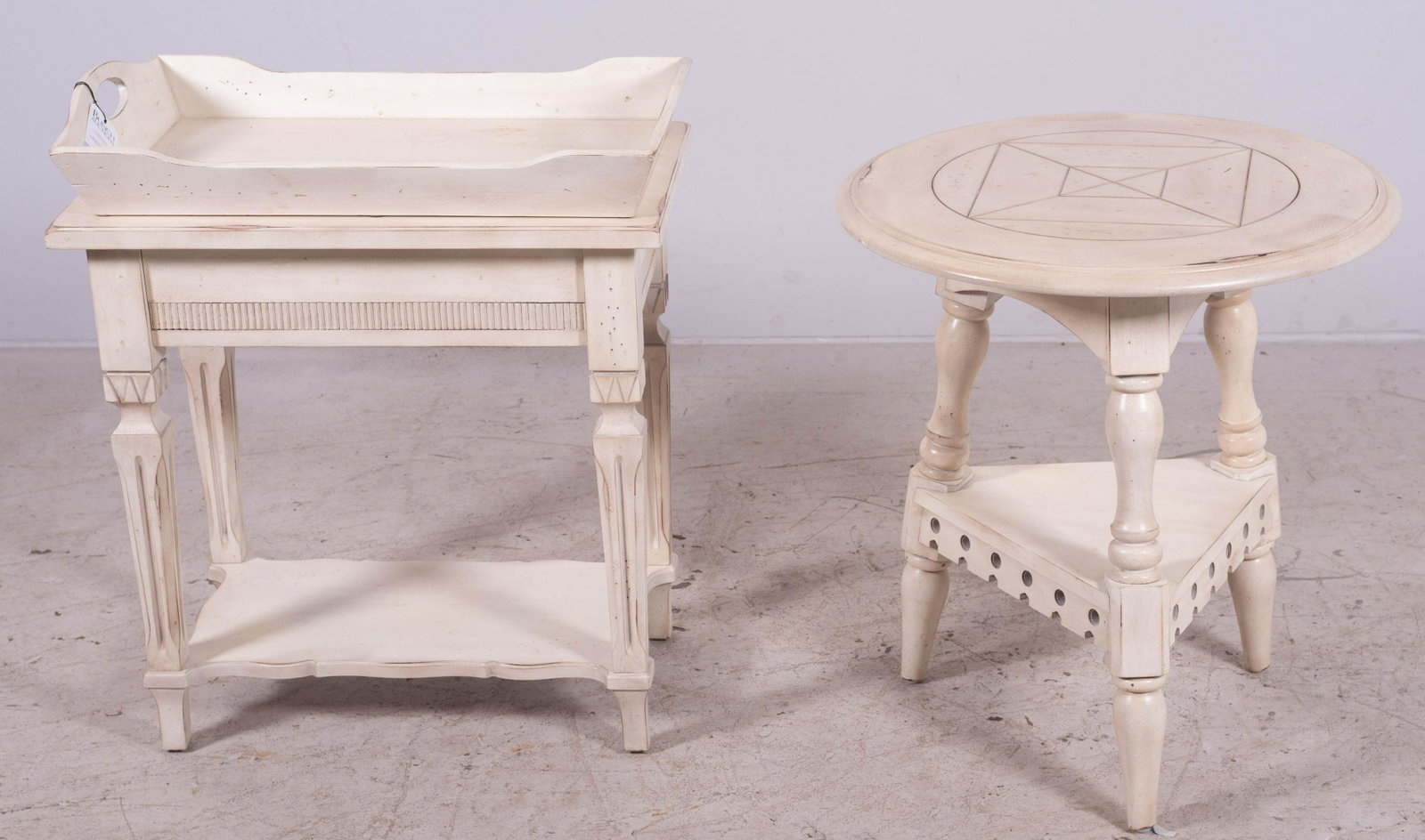 (2) Distressed cream painted side tables: Distressed cream painted side table w/ tray top, along with Distressed cream painted side table with decoration on top, largest 31" h x 28" w x 18" d
