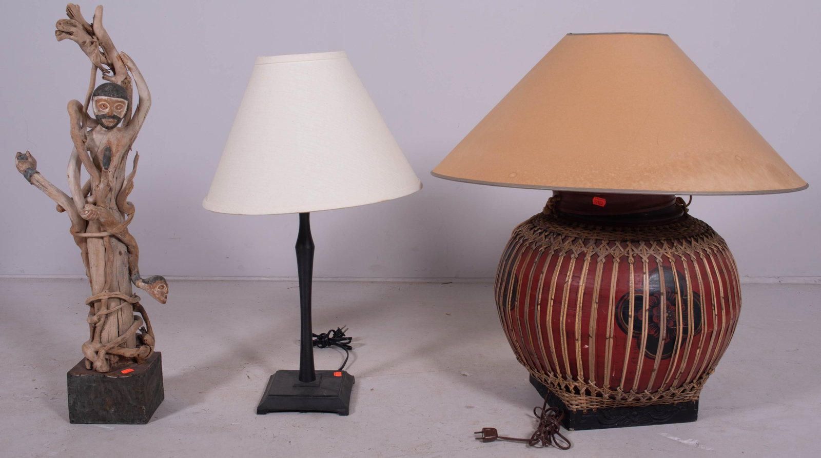 Webb & Kempf Asian style lamp, black metal table lamp: Webb and Kempf Asian style table lamp, black metal table lamp, figural carved statue, largest 31" h