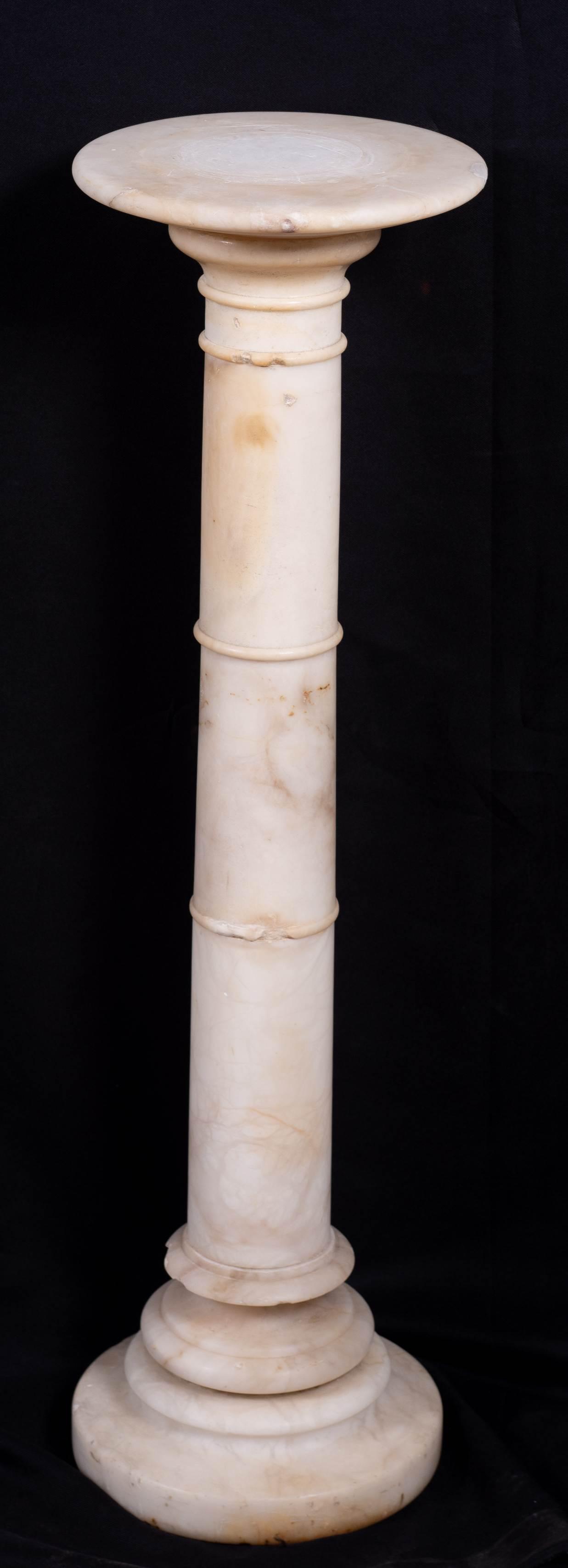 Alabaster Pedestal: Alabaster Pedestal, columned post on tier base, 38" h x 10-3/4" diameter, chips and repairs