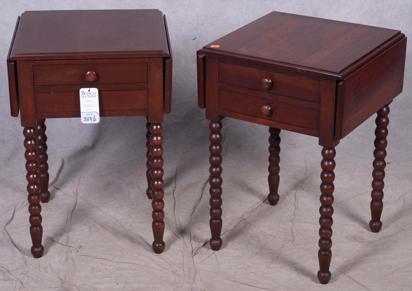 Pr Willits cherry Sheraton style 2 drawer drop leaf: Pair W&M style drop leaf side tables, 2 drawers, stickered in drawer Consider H. Willett Inc Product, 27" h x 17" w x 17-1/4" d, two 7" drop leaves