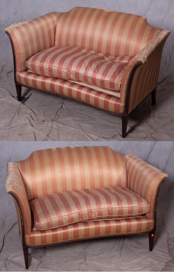 Pair Louis XVI style settees: Pair Louis XVI style settees, pink striped upholstery, 34" h, seat height 19" h, torn and soiled upholstery