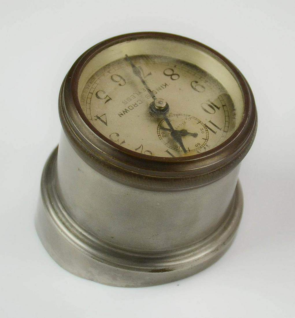 1912 Kings Crown Keyless Car Clock: Kings Crown Keyless 8-Day car clock, c 1912, winds by turning bezel, currently not running, "PATENTED FEB 5-1907, NOV 24-1908, AUG 16-1910, NOV 28-1911, OTHERS PENDING", SN 72921, 3" dia