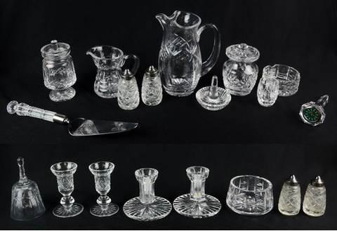 (19) Pcs Waterford Tableware: (19) Pcs Waterford tableware c/o (2) pr S&P in 'Glandore', (1) pr 4' candlesticks, (1) pr Marquis 4-1/2" candlesticks, cake server, martini jug, 7", creamer, (2) condiments, small dish, ashy tray, Mar