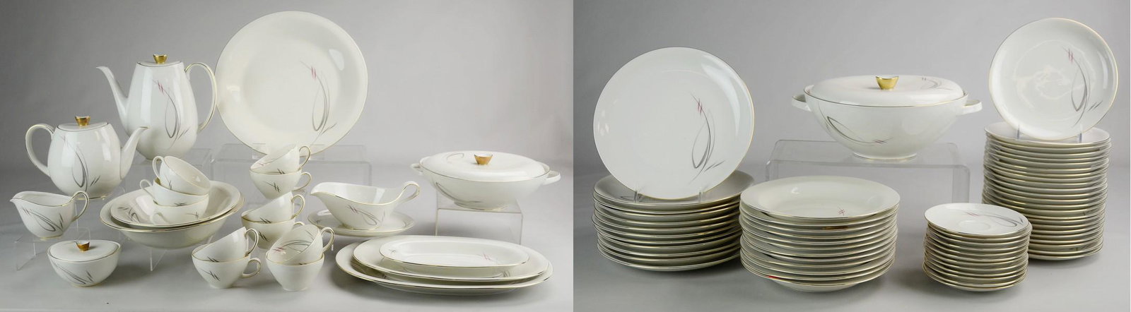 (84 ) Pcs Eschenbach Mid-Century Dinnerware: (84) Pcs Eschenbach porcelain dinnerware, Mid-Century Modern design, c/o 12 dinner plates, 24 salad plates, 12 soup bowls, 11 teacups, 12 saucers, sauce boat with under tray, 2 round serving bowls, ro