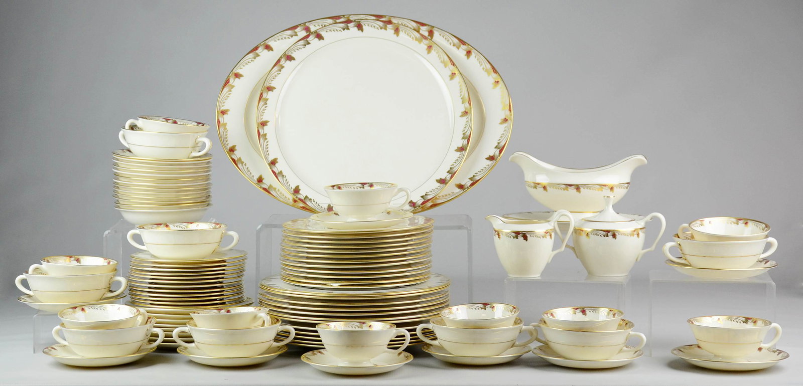 (89) Pcs Lenox 'Essex' Dinnerware: (89) Pcs Lenox 'Essex' dinnerware c/o (12) dinner plates, (12) salad plates,(12) B&B plates, (12) fruit bowls, (8) cream soup bowls, (8) dessert plates, (10) teacups, (10) saucers, (1) sauce boat with
