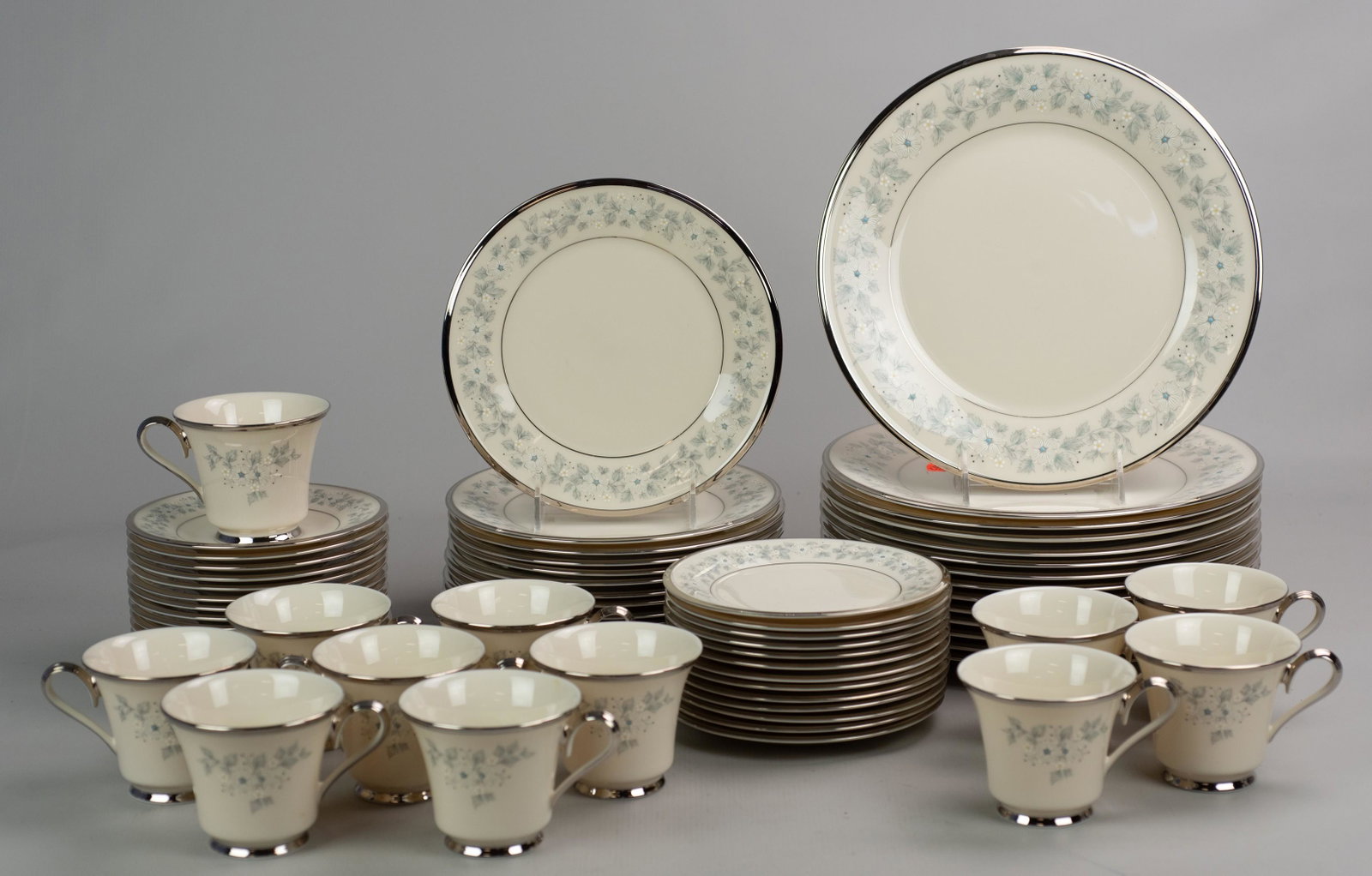 (67) Pcs Lenox Windsong Dinnerware: (67) Pcs Lenox porcelain dinnerware, Windsong pattern, c/o 14 dinner plates, 14 salad plates (one chip), 13 B&B plates, 12 teacups, 14 saucers