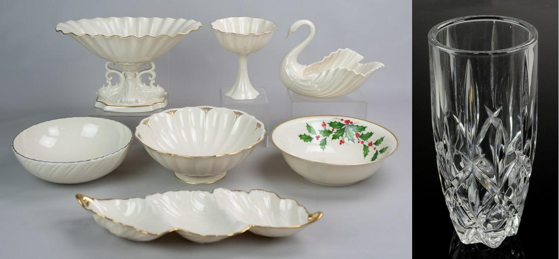 (7) Pcs Lenox, Gorham Crystal Vase: (7) Pcs Lenox porcelain, c/o bowls, compotes, divided leaf dish, swan bowl, Gorham crystal Queen Anne vase, tallest 10-1/2"