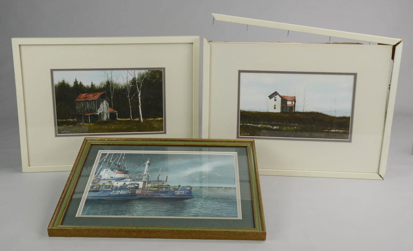 Lou Messa & Jeff Martin (3) Paintings: Lou Messa & Jeff Martin (3) paintings, harbor scene, watercolor on paper, signed "Jeff Martin", 8-3/4" x 11-3/4" sight; (2) rural landscapes, watercolor on paper, signed " lou Messa", 6" x 10" sight, 