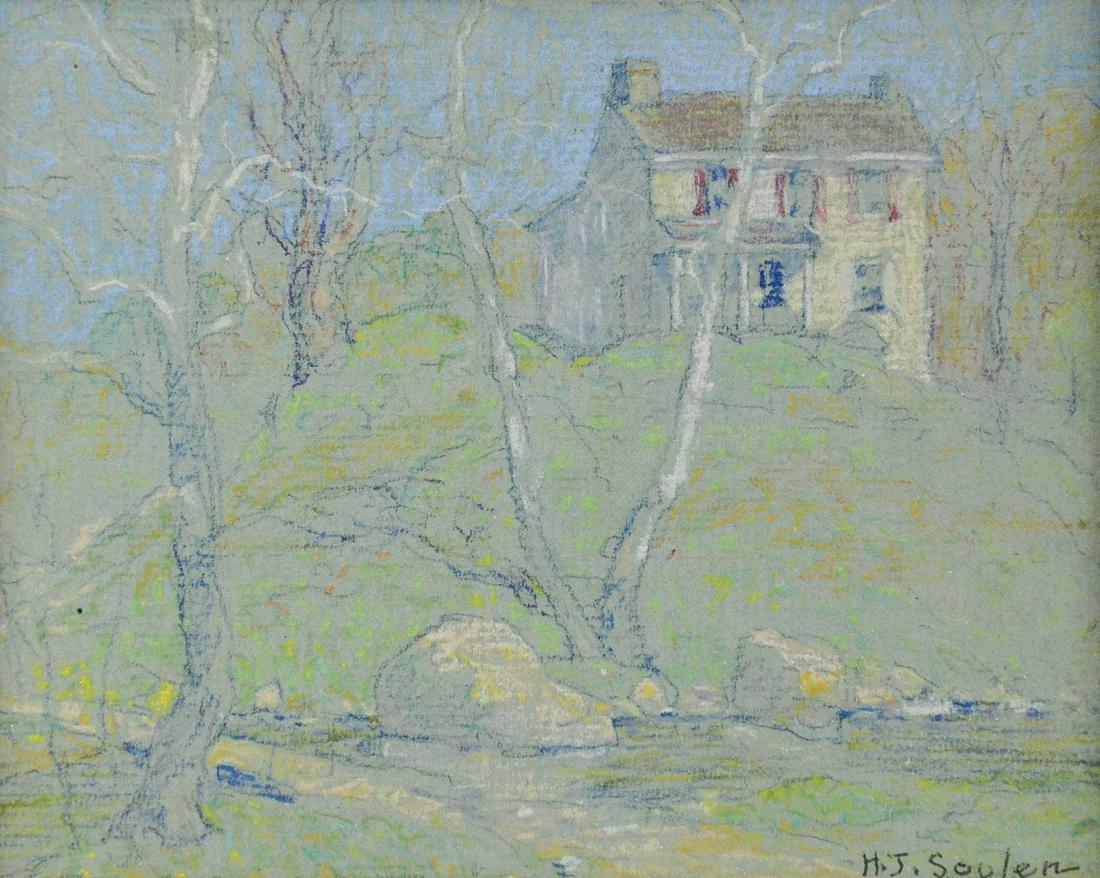 Henry J Soulen PA Impressionist Landscape w/House: Henry James Soulen (American, 1888-1965) Pennsylvania Impressionist Landscape with House, pastel on board, signed " h. J. Soulen", 4-3/4" x 6" sight, framed size 10-1/2" x 11-1/4", very good condition