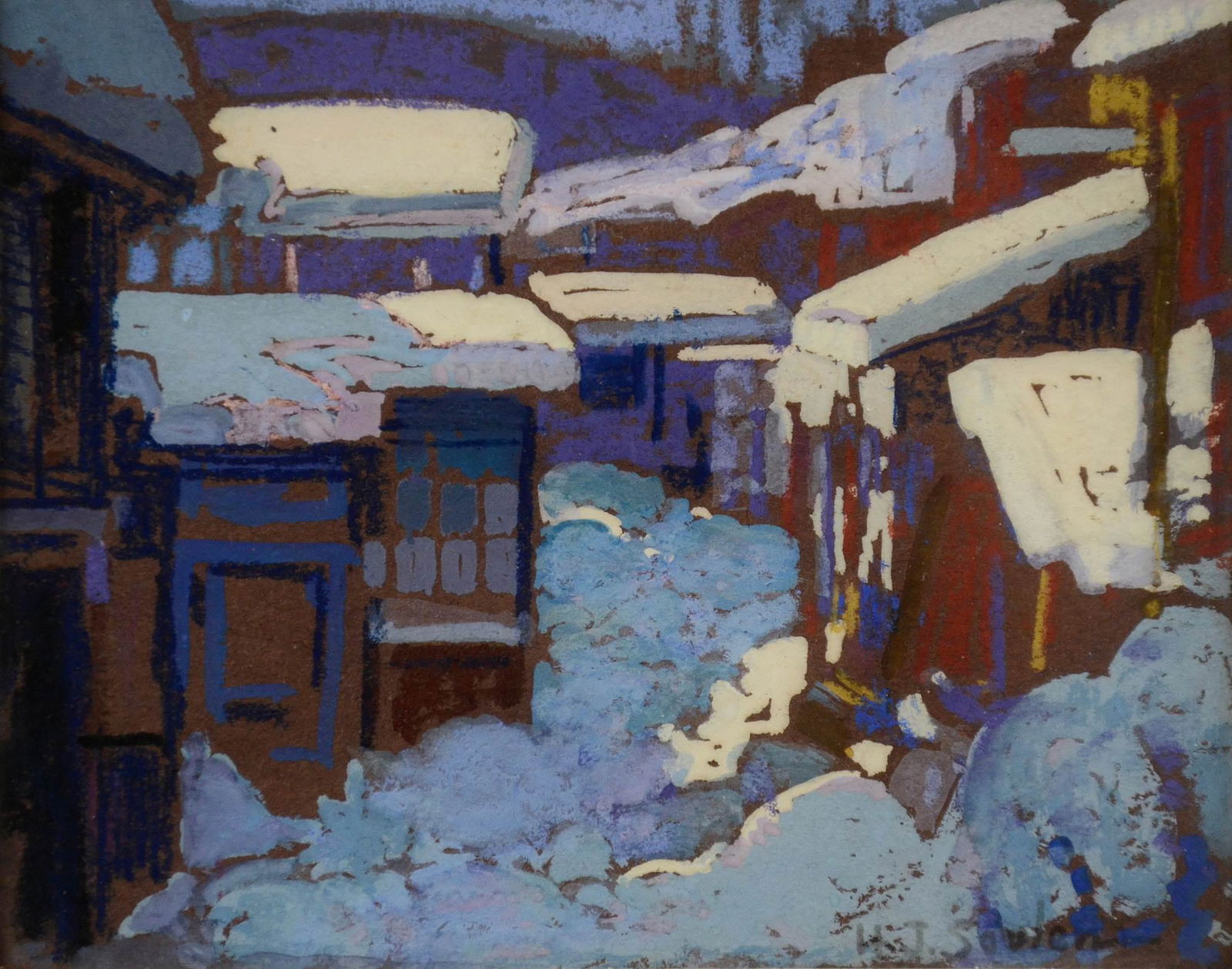 Henry James Soulen Painting " winter in the Village": Henry James Soulen (American, 1888-1965) " winter in the Village", mixed media on board, signed " h. J. Soulen", 4-3/8" x 5-3/8" sight, framed 9-3/4" x 10-1/4", very good condition. All Soulen works i