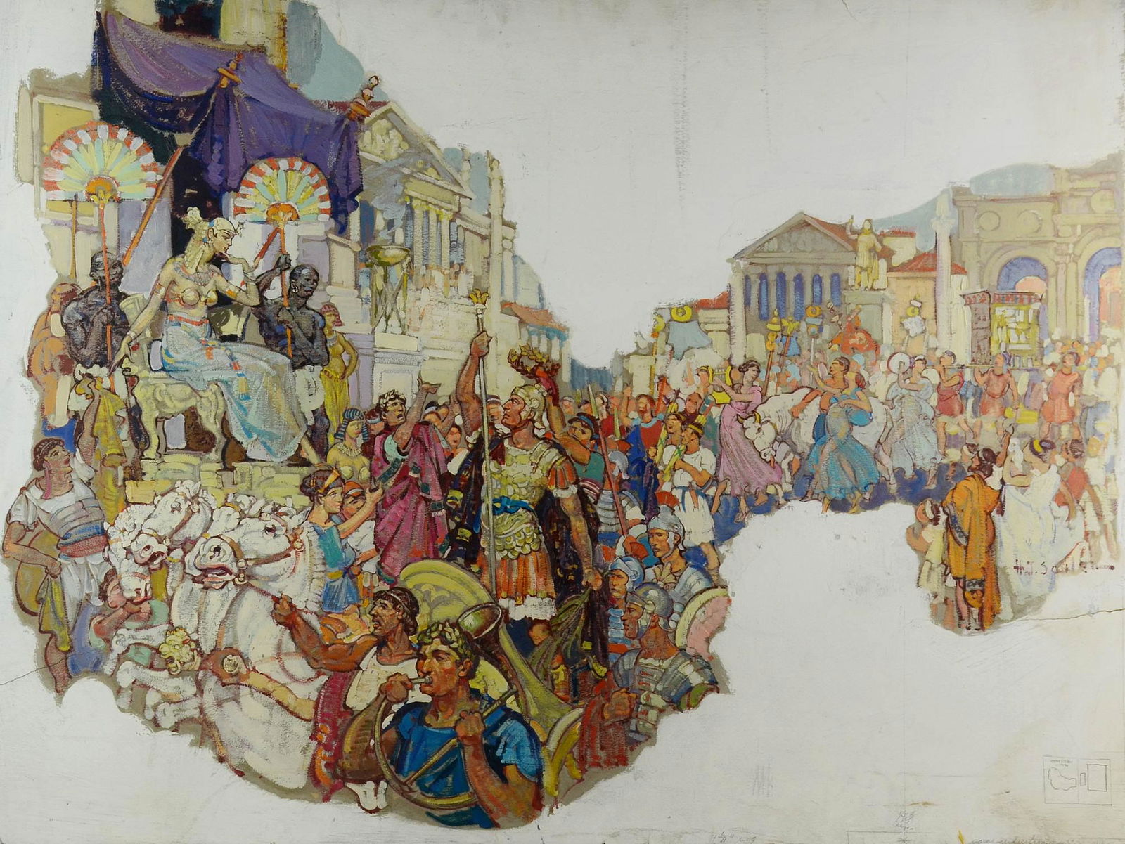 Henry J Soulen Sat Evening Post Illustr "Cleopatra": Henry James Soulen (American, 1888-1965) Saturday Evening Post Illustration "Cleopatra", most likely created for May 1932 issue story "Cleopatra Meets Caesar", mixed media on board, signed " h. J. Sou