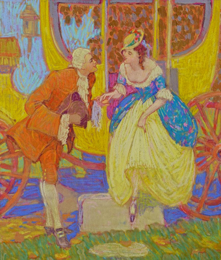Henry James Soulen Study for Illustr Carriage Scene: Henry James Soulen (American, 1888-1965) Study for Illustration Carriage Scene, depicting a gentleman helping a young lady disembark a carriage, pastel on illustration board, signed " h. J. Soulen", 2