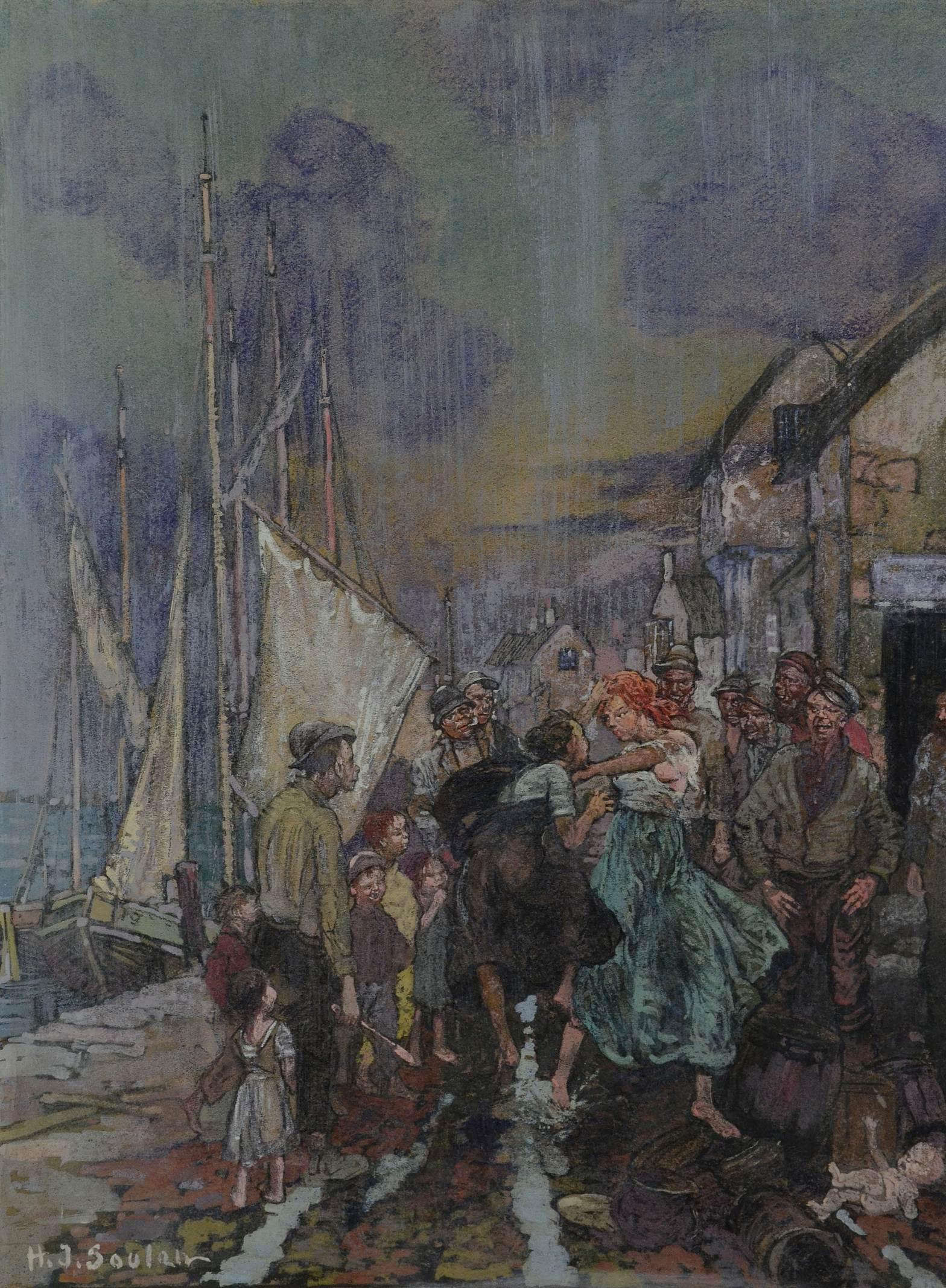 Henry J Soulen Story Illustr for Scribners Magazine: Henry James Soulen (American, 1888-1965) Story Illustration for Scribner's Magazine, depicting (2) women fighting in the rain, mixed media on illustration board, signed " h. J. Soulen", label on back