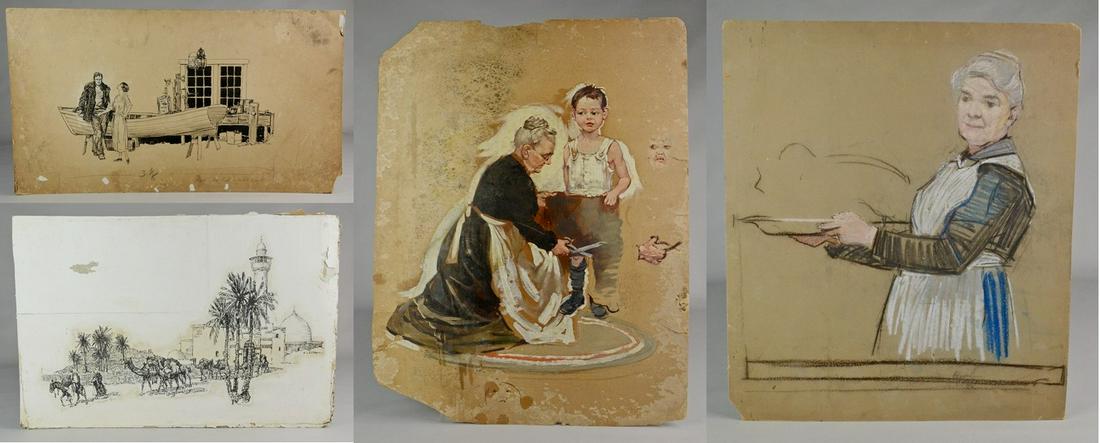 Henry James Soulen (4) Illustrations: Henry James Soulen (American, 1888-1965), (4) illustrations, various mediums, largest 30" x 16-3/4", poor condition with damages. All Soulen works in this sale were acquired directly from the family o