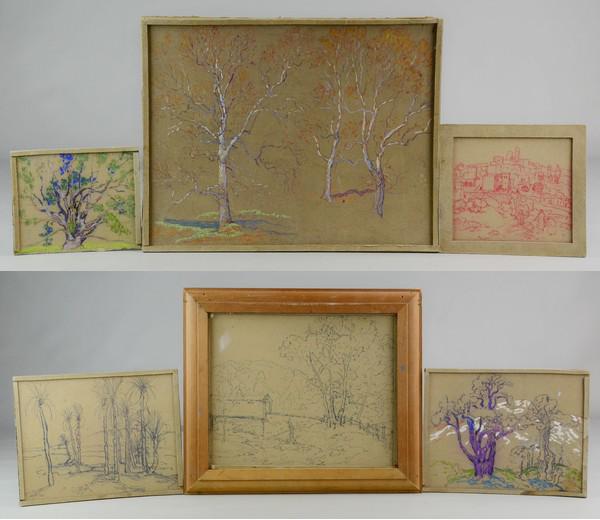 Henry James Soulen (6) Landscape Sketches: Henry James Soulen (American, 1888-1965), (6) landscape sketches, pastel and colored pencil on sandpaper, unsigned, each with estate stamp on back, largest 11-1/2" x 14-1/2", good condition. All Soule