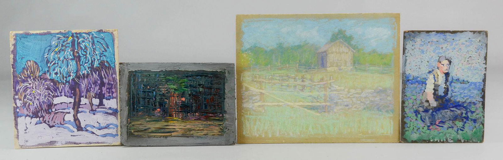 Henry James Soulen (4) Small Paintings: Henry James Soulen (American, 1888-1965), (4) small paintings landscape & figure, 3 oil on board and one pastel, unsigned, all with estate stamp on back, good condition. All Soulen works in this sale