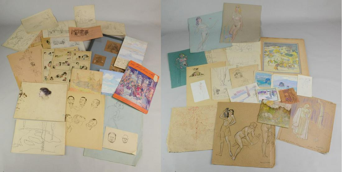 Henry James Soulen (40) Assorted Sketches, Prints: Henry James Soulen (American, 1888-1965), (40) Assorted Sketches & Prints, various mediums, some signed, largest 14" x 11", poor to good condition. All Soulen works in this sale were acquired directly
