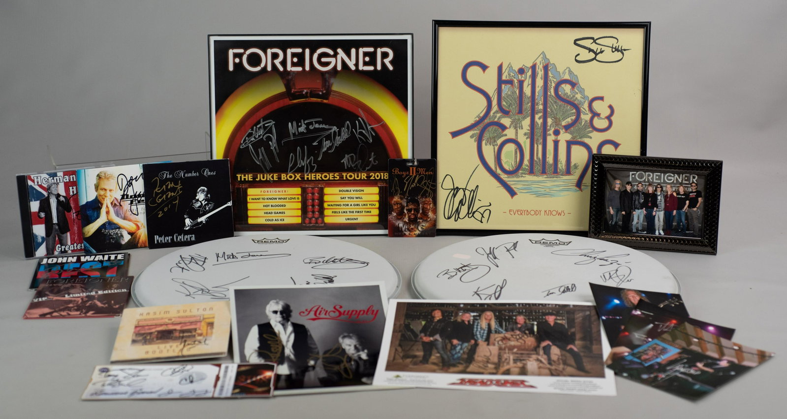 Signed Musician Photos & Flats: Signed musician photos & flats, including modern incarnations of the bands, Foreigner with Mick Jones, Stephen Stills, Herman's Hermits, Peter Cetera, John Waite, Boyz 2 Men, Styx - Tommy Shaw, (2) Re