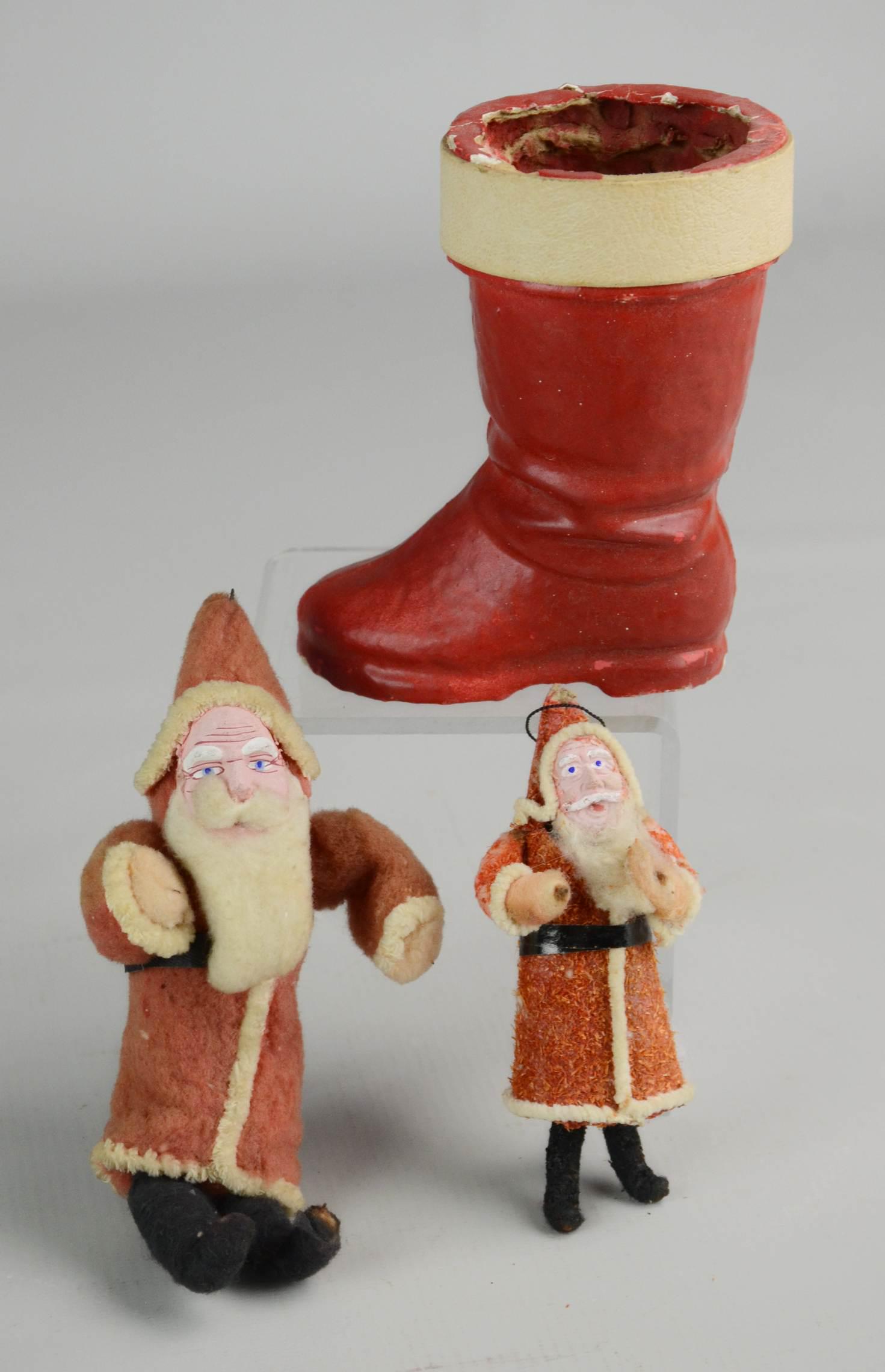 (3) Vintage Christmas Items: (3) Vintage Christmas items, c/o flocked Santa ornament, plush Santa ornament, paper mache boot candy container, tallest 6-1/2"
