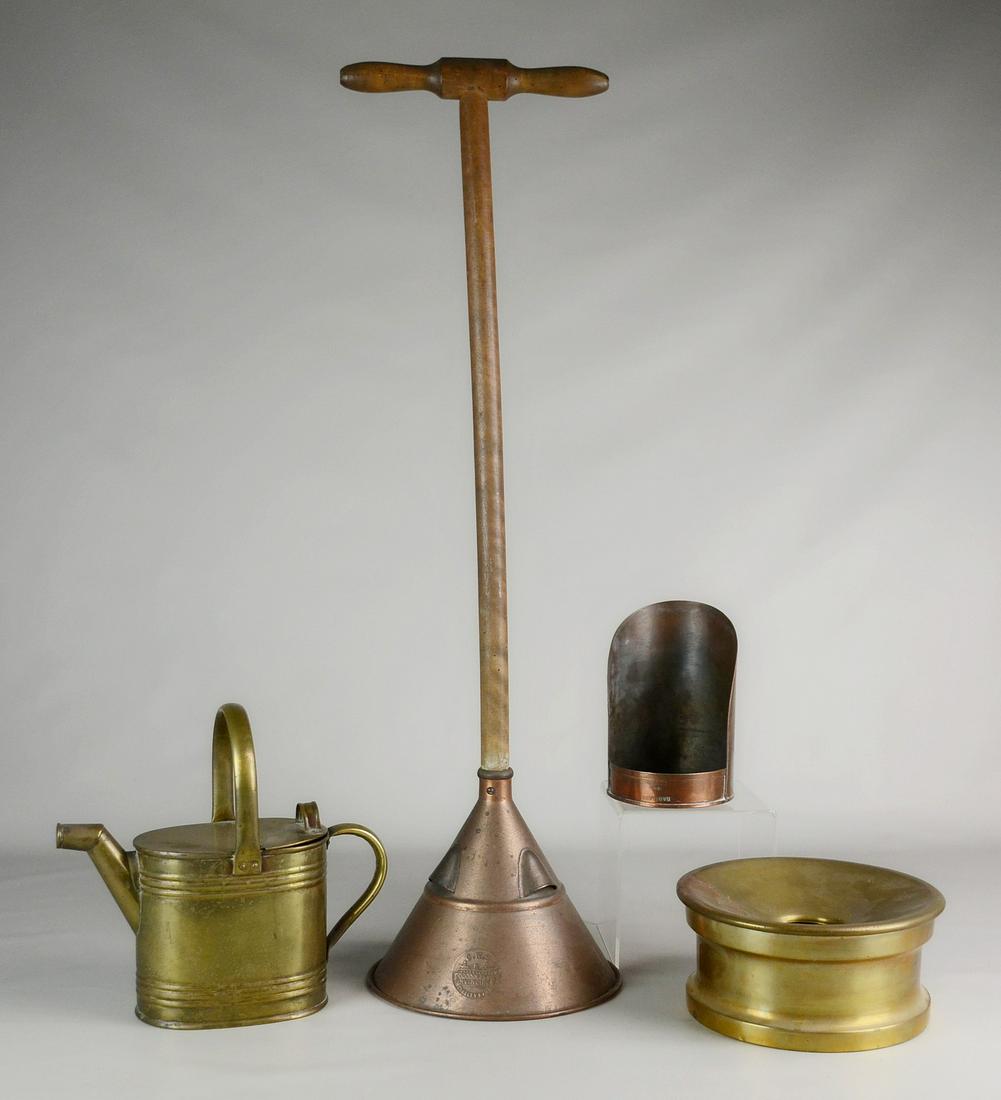 (4) Pcs Brass & Copper: (4) Pcs brass & copper, c/o brass spittoon, brass watering can, copper washing plunger, copper scoop, largest 33-1/2"