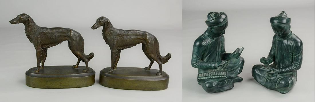 (2) Pr Deco Style Bookends: (2) Pr Deco style bookends c/o (1) pr Frankart style seated Asian figure in patinated ceramic and (1) pr patinated bronze whippet bookends, 10" x 8-1/2", w/some minor chipping