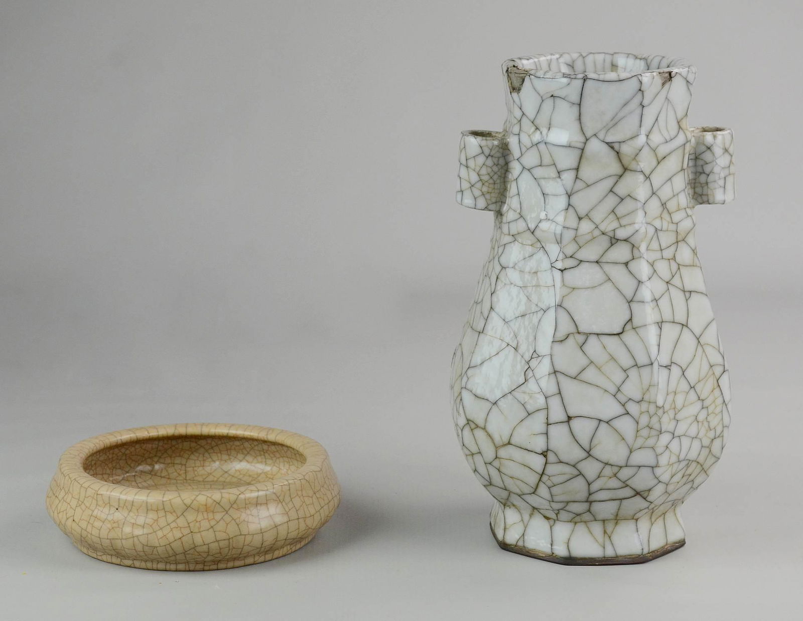 (2) Pcs Chinese Crackle Glaze Porcelain: (2) Pcs Chinese crackle glaze porcelain c/o vase w/losses and shallow bowl, largest 10-3/4" h