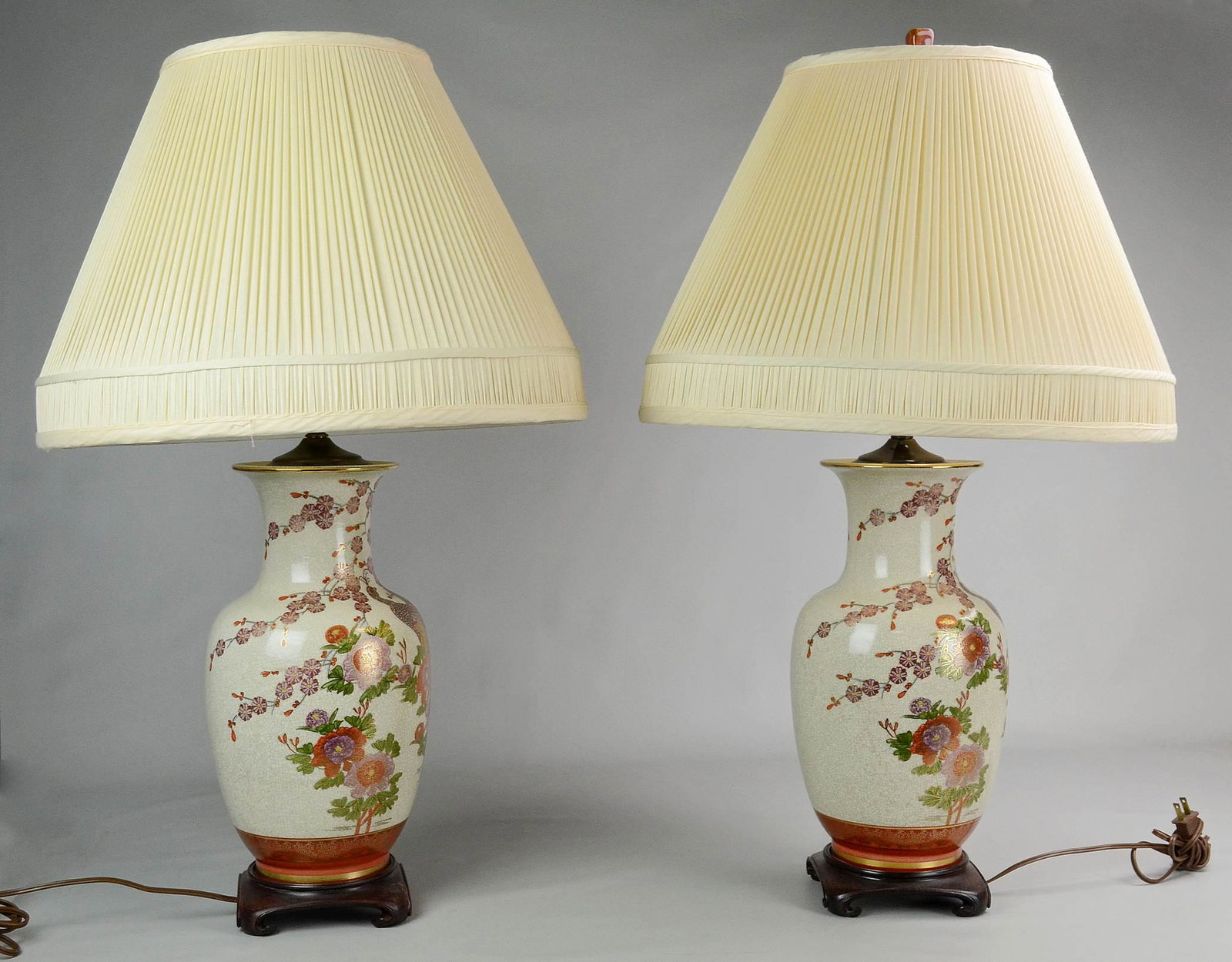 Pr Japanese Satsuma Vases: Pr Japanese Satsuma vases mounted as lamps, peacock decoration, one finial missing stone, vases 14" h, overall 31" h