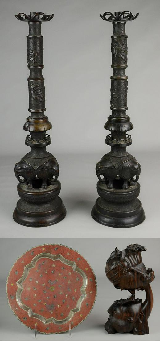 (4) Asian Pieces: (4) Asian pcs c/o pr Japanese bronze candlesticks w/elephant bases 23" h, Indian brass plate, Indonesian wood carving of two lovers w/hairline on base
