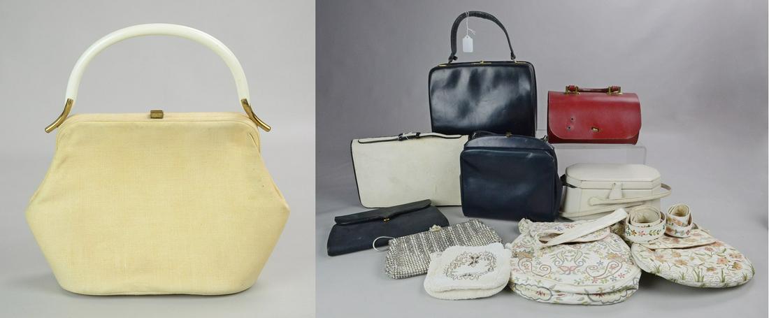 (11) Vintage Purses: (11) Vintage purses c/o rhinestone evening clutch, 1960's Gucci clutch, beaded Czech bag, leather double handled cream bag, red leather tooled bag , need repaired, Virginia Art, (2) white embroidered 