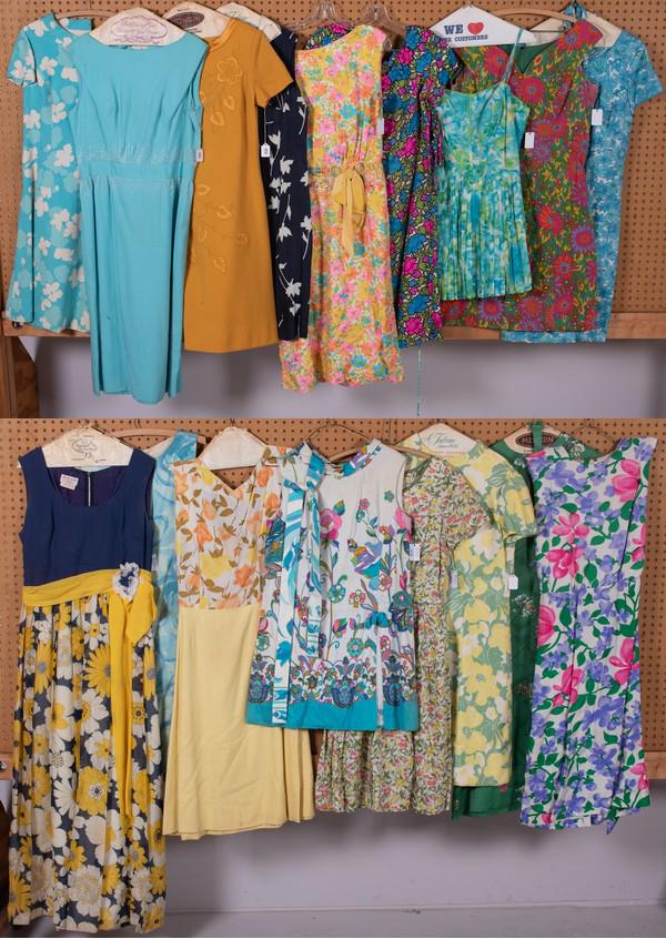 (16) 60's Vintage Cotton and Silk Floral Dresses: (16) 60's vintage cotton and silk floral dresses c/o unmarked made to order floral dresses, Adele Simpson, Bonwit Teller, Dorothy Bullitt, Needlecraft Atlantic City and Gabar. Sizes range, most vintag