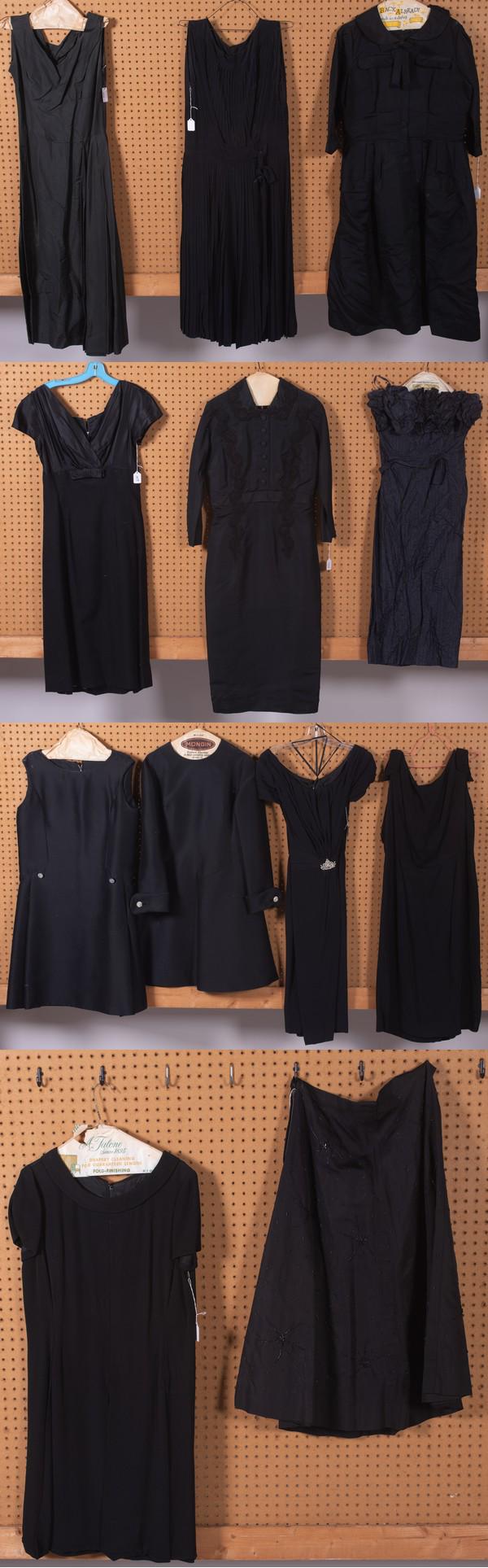(12) 50's/60's Black Evening Dresses: (12) 50's/60's black evening dresses c/o several unmarked made to measure black evening dresses in silk, cotton and rayon, includes Saks Fifth Avenue, Lord and Taylor and Abe Schrader. Most S/M. Also 
