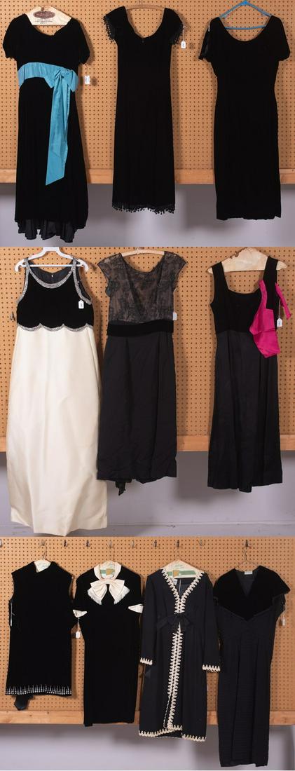 (11) 50's/60's Black Velvet Evening Items: (11) 50's/60's black velvet evening dresses c/o several made to measure velvet dresses with rhinestone hem, fringe trim and silk bows, also includes pieces by Bob Bugnand for Sam Friedlander, Dorothy