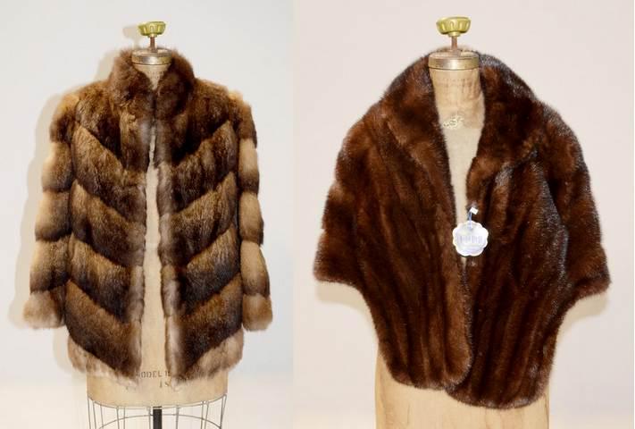 Mink Stole and Coat: Mink stole and coat c/o Richard Donald chocolate brown mink stole and diagonally pieced Wanamakers fur coat, both lined in silk, both S/MDiagonally pieced fur with tear.